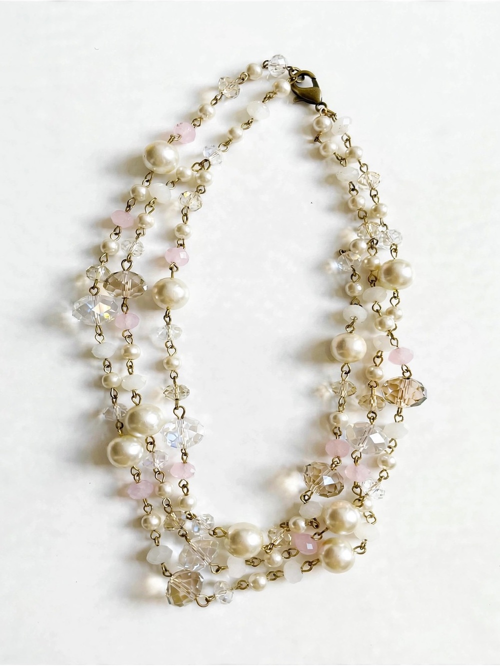 Triple-Strand Pearl and Iridescent Bead Statement Necklace